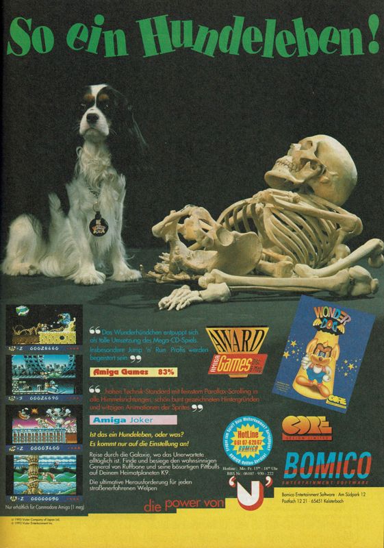 Wonder Dog Magazine Advertisement (Magazine Advertisements): Amiga Joker (Germany), Issue 01/1994