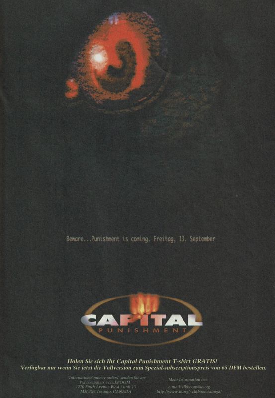 Capital Punishment Magazine Advertisement (Magazine Advertisements): Amiga Joker (Germany), Issue 08-09/1996 Part 1