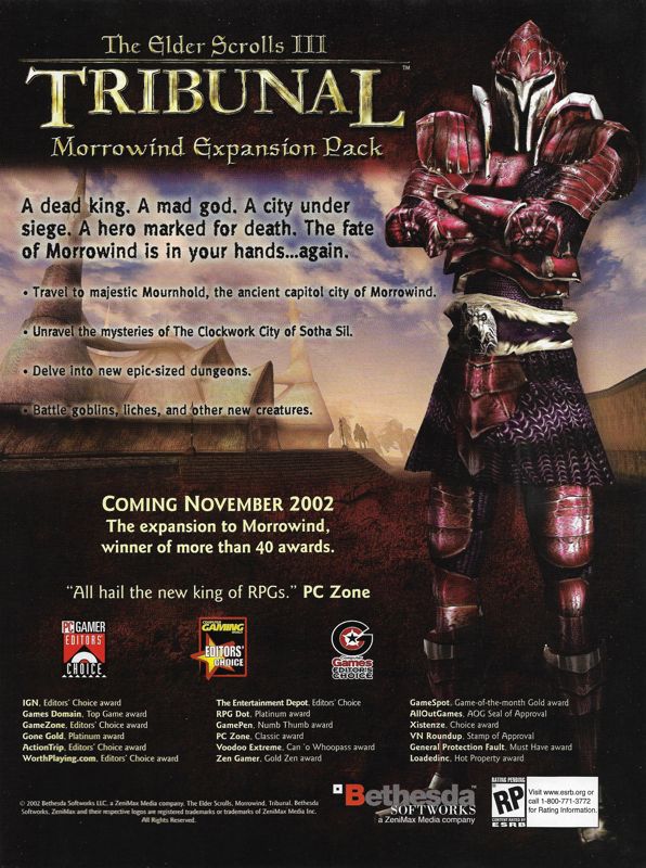 The Elder Scrolls III: Tribunal Magazine Advertisement (Magazine Advertisements): PC Gamer (United States), Issue 103 (November 2002)