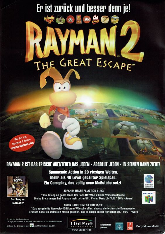 Rayman 2: The Great Escape Magazine Advertisement (Magazine Advertisements): Total! (Germany), Issue 12/1999