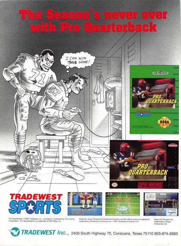 Pro Quarterback Magazine Advertisement (Magazine Advertisements): DieHard GameFan (United States), Volume 1 Issue 4 (February 1993)