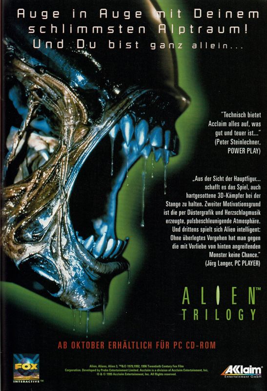 Alien Trilogy Magazine Advertisement (Magazine Advertisements): PC Player (Germany), Issue 11/1996