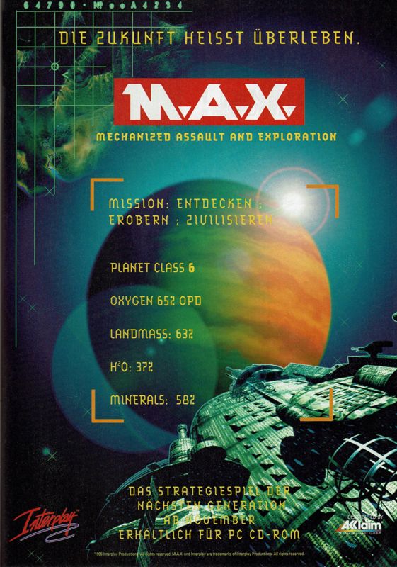 M.A.X.: Mechanized Assault & Exploration Magazine Advertisement (Magazine Advertisements): PC Player (Germany), Issue 11/1996