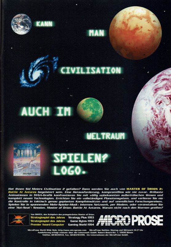Master of Orion II: Battle at Antares Magazine Advertisement (Magazine Advertisements): PC Player (Germany), Issue 12/1996