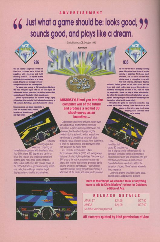 Simulcra Magazine Advertisement (Magazine Advertisements): CU Amiga Magazine (UK) Issue #9 (November 1990). Courtesy of the Internet Archive. Page 58