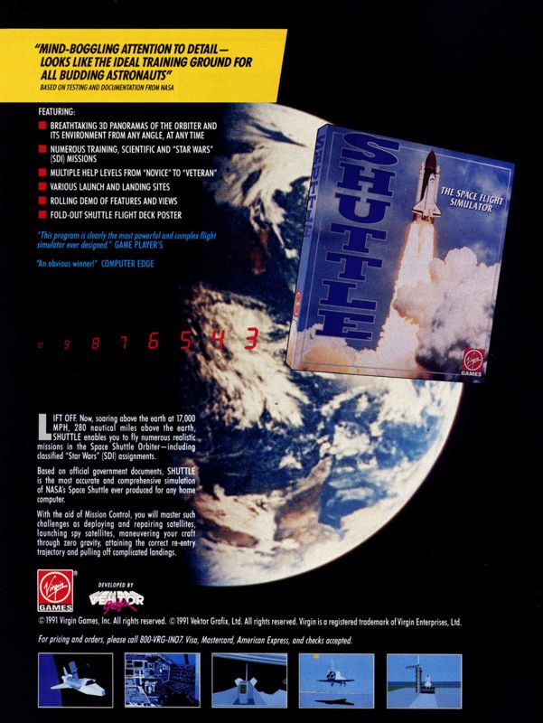Shuttle: The Space Flight Simulator Magazine Advertisement (Magazine Advertisements): Computer Gaming World (United States) Issue 89 (December 1991)