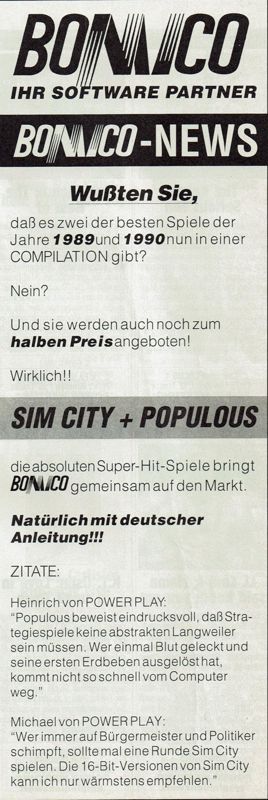 SimCity & Populous Magazine Advertisement (Magazine Advertisements): Power Play (Germany), Issue 05/1991