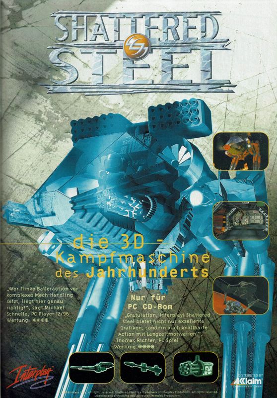 Shattered Steel Magazine Advertisement (Magazine Advertisements): PC Player (Germany), Issue 12/1996