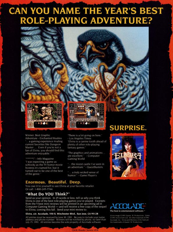 Elvira Magazine Advertisement (Magazine Advertisements): Computer Gaming World (United States) Issue 83 (June 1991)