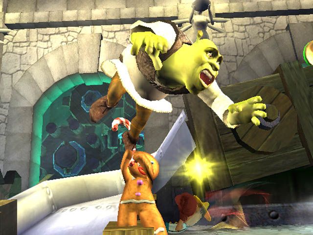 Shrek SuperSlam Screenshot (Activision 2005 Press Kit CD): Gingy and Shrek Rough It Up