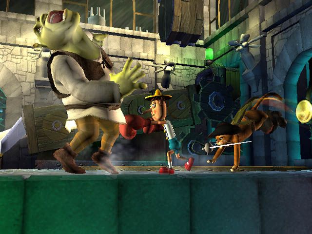 Shrek SuperSlam Screenshot (Activision 2005 Press Kit CD): Pinocchio Hits Shrek's Knee