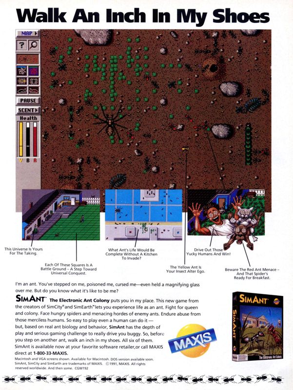 SimAnt Magazine Advertisement (Magazine Advertisements): Computer Gaming World (United States) Issue 90 (January 1992)
