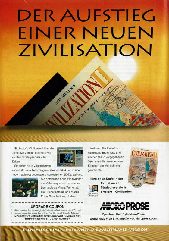 Sid Meier's Civilization II Magazine Advertisement (Magazine Advertisements): PC Player (Germany), Issue 06/1996