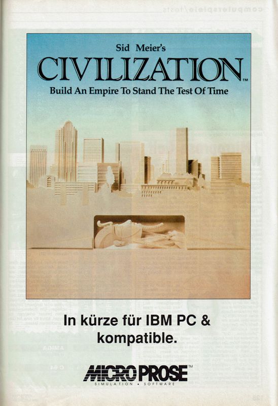 Sid Meier's Civilization Magazine Advertisement (Magazine Advertisements): Power Play (Germany), Issue 11/1991