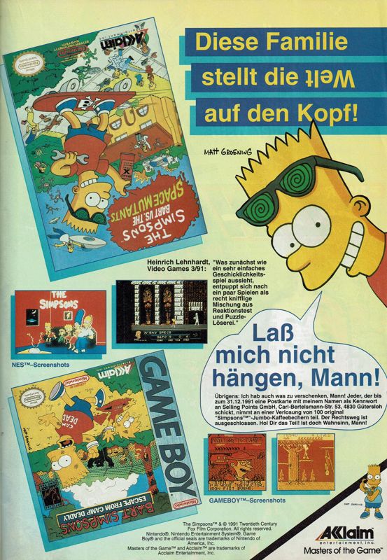 Bart Simpson's Escape from Camp Deadly Magazine Advertisement (Magazine Advertisements): Power Play (Germany), Issue 11/1991