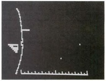 SFS Walletsize: Spaceship Simulator Screenshot (Byte Magazine Vol. 3 No. 02 February 1977): Animation series showing side view of simulator (small square) moving progressively closer to command ship docking module (note the Phantom Glitch, the square near the bottom of the screen, present during the photo session and not seen since).