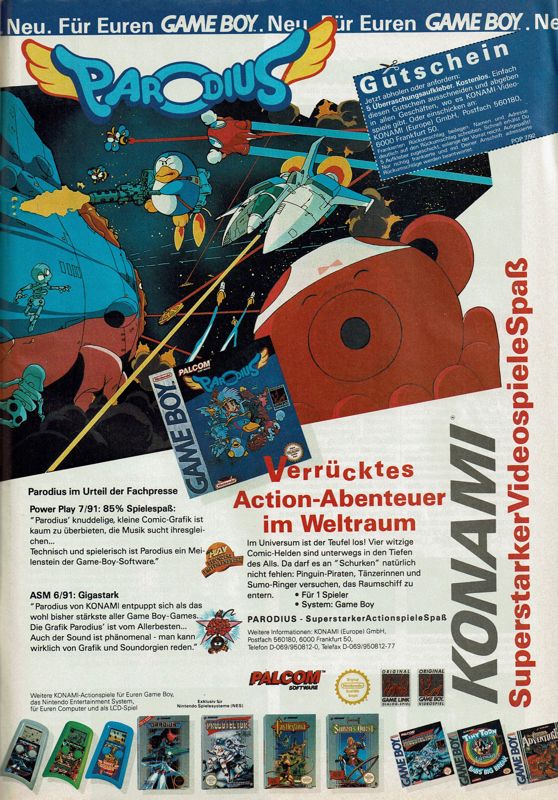 Parodius Magazine Advertisement (Magazine Advertisements): Power Play (Germany), Issue 07/1992