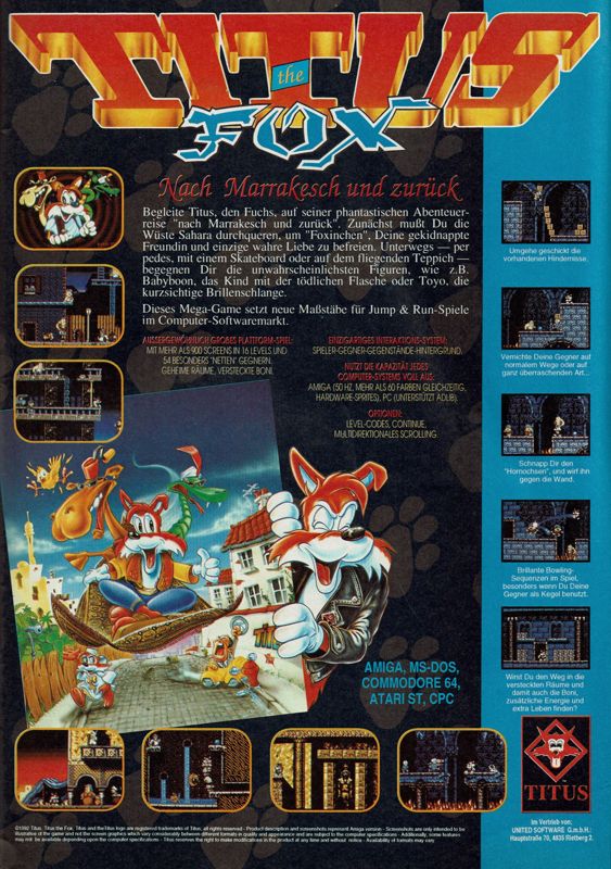Titus the Fox: To Marrakech and Back Magazine Advertisement (Magazine Advertisements): Power Play (Germany), Issue 04/1992
