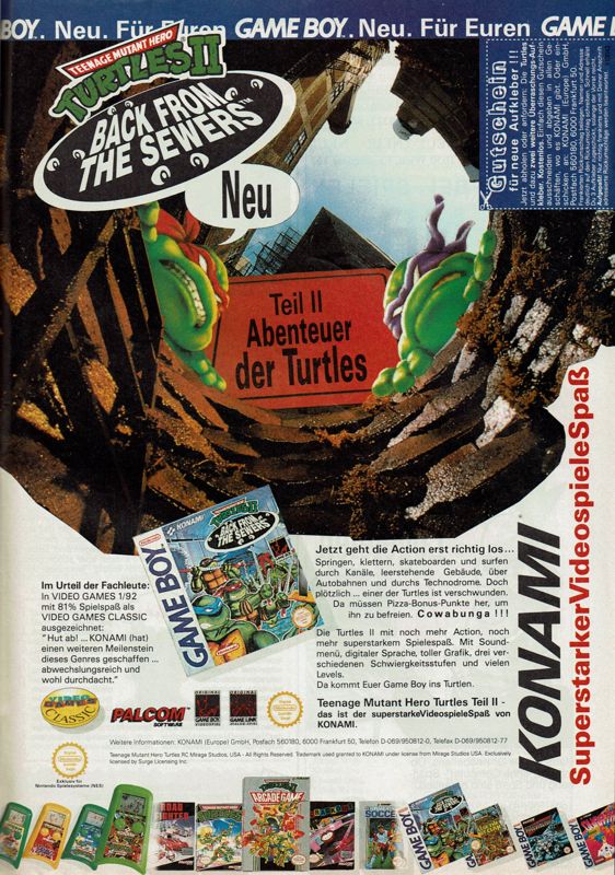 Teenage Mutant Ninja Turtles II: Back from the Sewers Magazine Advertisement (Magazine Advertisements): Power Play (Germany), Issue 04/1992