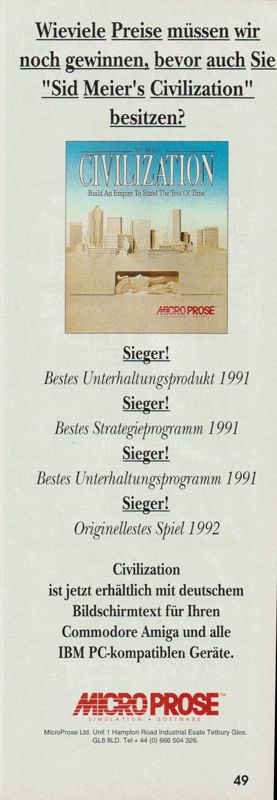 Sid Meier's Civilization Magazine Advertisement (Magazine Advertisements): Power Play (Germany), Issue 08/1992