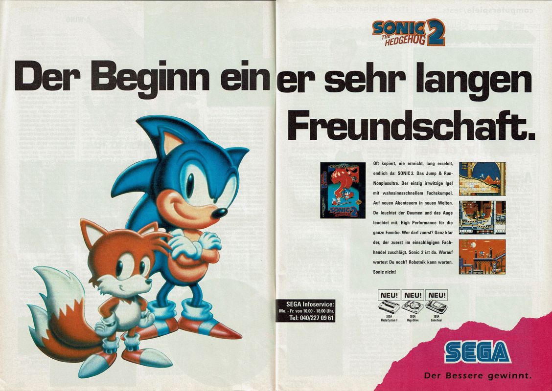 Sonic the Hedgehog 2 Magazine Advertisement (Magazine Advertisements): Power Play (Germany), Issue 02/1993