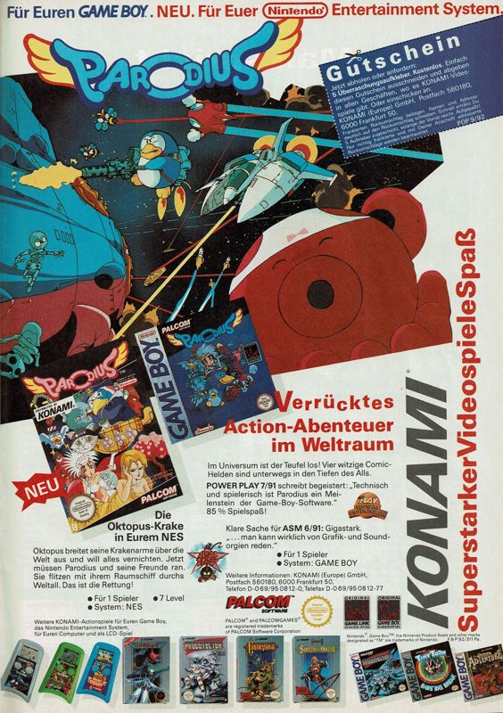 Parodius Magazine Advertisement (Magazine Advertisements): Power Play (Germany), Issue 09/1992