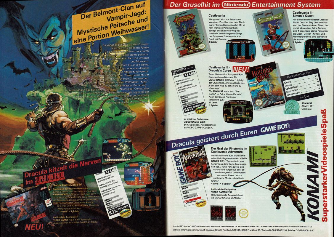 Castlevania: The Adventure Magazine Advertisement (Magazine Advertisements): Power Play (Germany), Issue 08/1992 Part 2