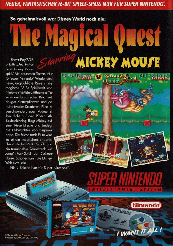 The Magical Quest Starring Mickey Mouse Magazine Advertisement (Magazine Advertisements): Power Play (Germany), Issue 04/1993