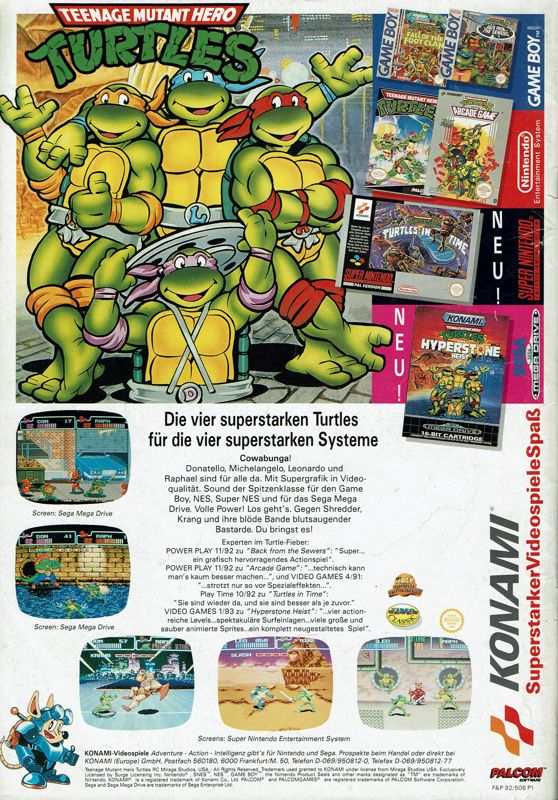 Teenage Mutant Ninja Turtles II: Back from the Sewers Magazine Advertisement (Magazine Advertisements): Power Play (Germany), Issue 04/1993