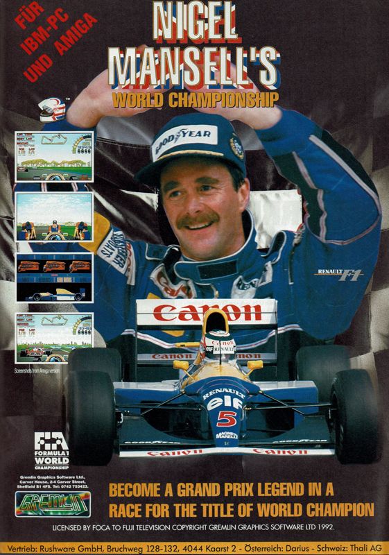 Nigel Mansell's World Championship Racing Magazine Advertisement (Magazine Advertisements): PC Player (Germany), Issue 02/1993