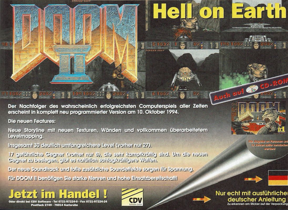 Doom II Magazine Advertisement (Magazine Advertisements): PC Player (Germany), Issue 11/1994
