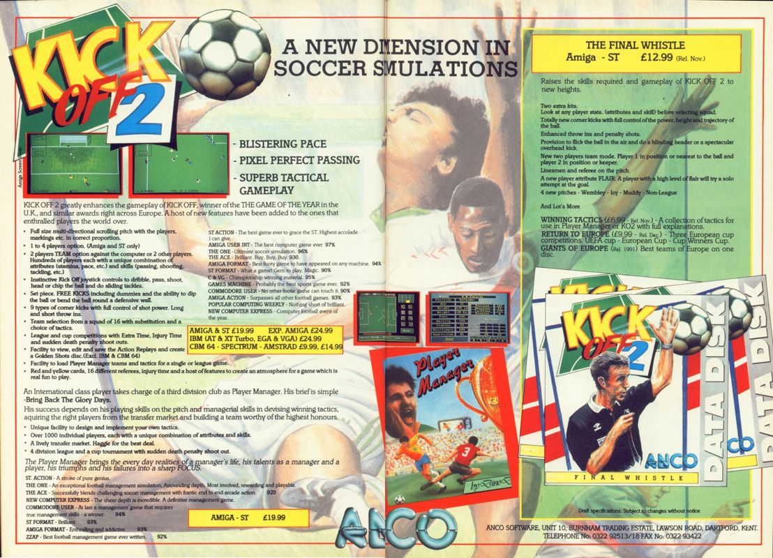 Kick Off 2 Magazine Advertisement (Magazine Advertisements): CU Amiga Magazine (UK) Issue #10 (December 1990). Courtesy of the Internet Archive. Pages 20-21