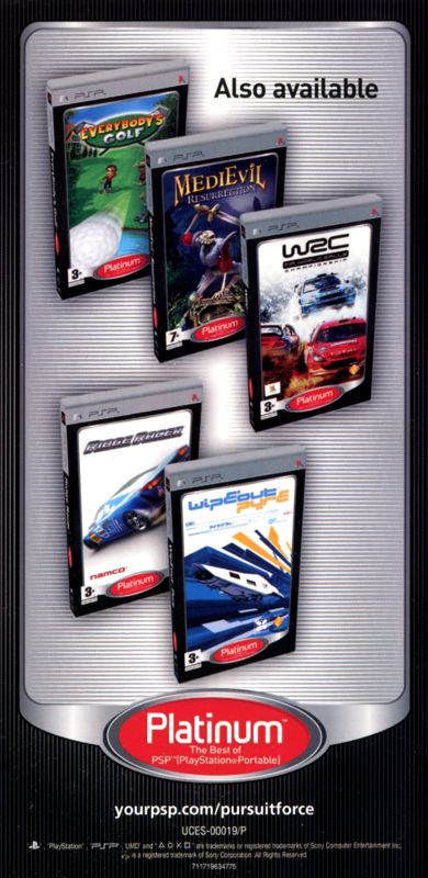 Ridge Racer Manual Advertisement (Game Manual Advertisements): Pursuit Force (UK), PSP "Platinum" release (manual back)