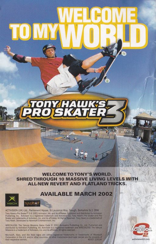 Tony Hawk's Pro Skater 3 Manual Advertisement (Game Manual Advertisements): Back of the manual for the UK release of Wreckless: The Yakuza Missions