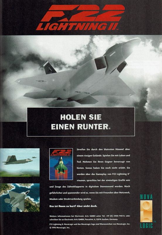 F-22 Lightning II Magazine Advertisement (Magazine Advertisements): PC Player (Germany), Issue 10/1996