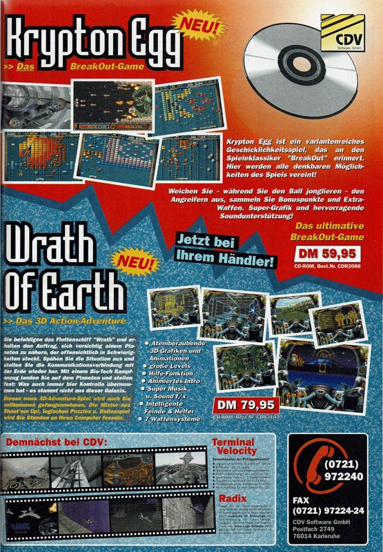 Terminal Velocity Magazine Advertisement (Magazine Advertisements): PC Player (Germany), Issue 07/1995