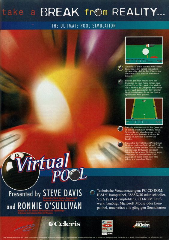 Virtual Pool Magazine Advertisement (Magazine Advertisements): PC Player (Germany), Issue 08/1995