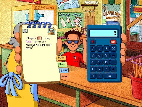 Counting on Frank Screenshot (From "Through The Glass Wall" - a review site for maths titles (1999)): A word problem: "If I spend $6 on dog food, how much change will I get from $20?" If you click on the "$6" in the red box it will change to another number.