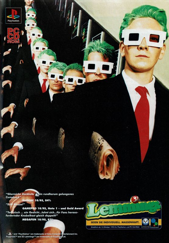 Lemmings 3D Magazine Advertisement (Magazine Advertisements): PC Player (Germany), Issue 11/1995