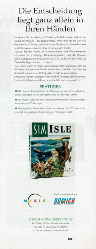 SimIsle: Missions in the Rainforest Magazine Advertisement (Magazine Advertisements): PC Player (Germany), Issue 11/1995 Part 3