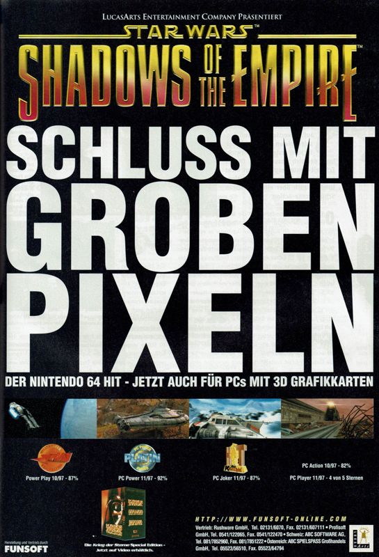 Star Wars: Shadows of the Empire Magazine Advertisement (Magazine Advertisements): PC Player (Germany), Issue 12/1997