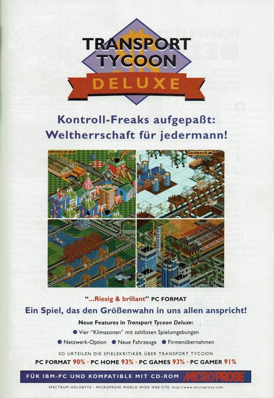Transport Tycoon Deluxe Magazine Advertisement (Magazine Advertisements):<br> PC Player (Germany), Issue 12/1995