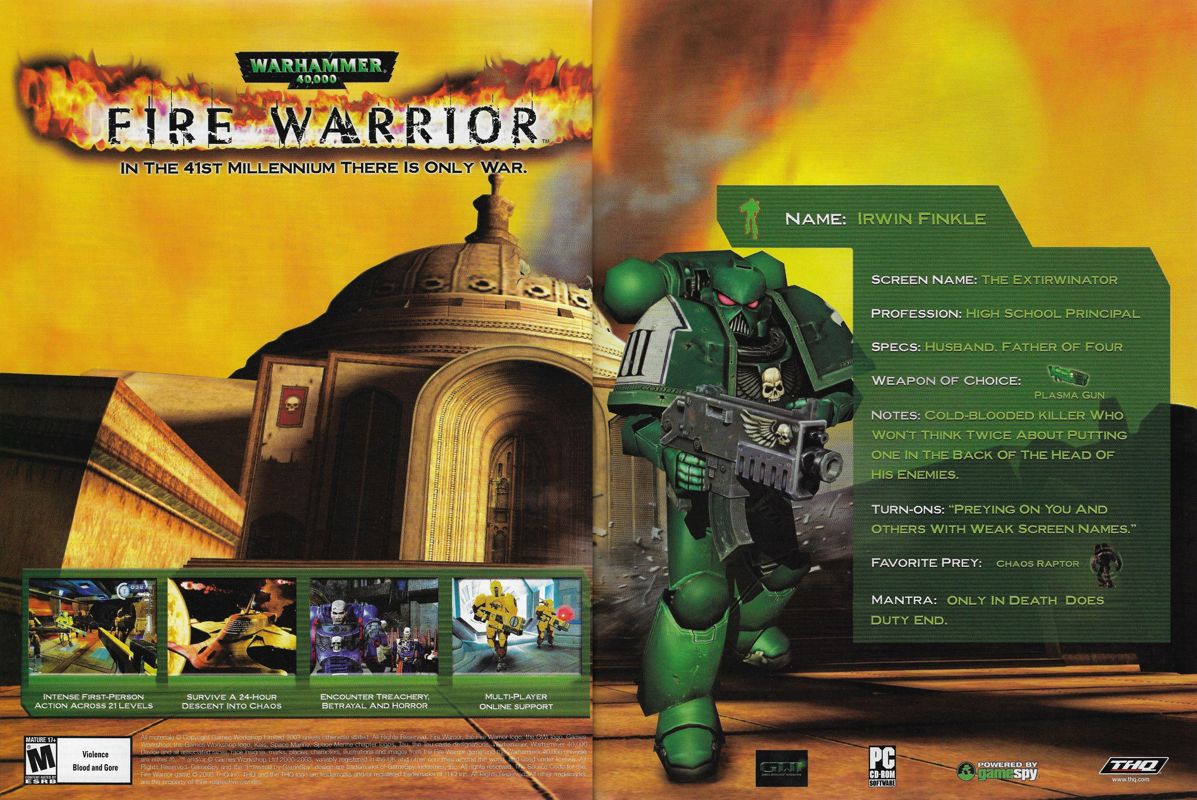Warhammer 40,000: Fire Warrior Magazine Advertisement (Magazine Advertisements): PC Gamer (United States), Issue 116 (November 2003) Alternate screenshot version