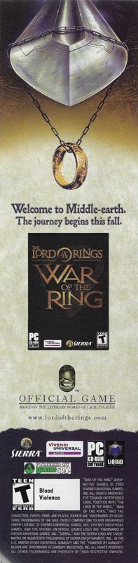 The Lord of the Rings: War of the Ring Magazine Advertisement (Magazine Advertisements): PC Gamer (United States), Issue 116 (November 2003)