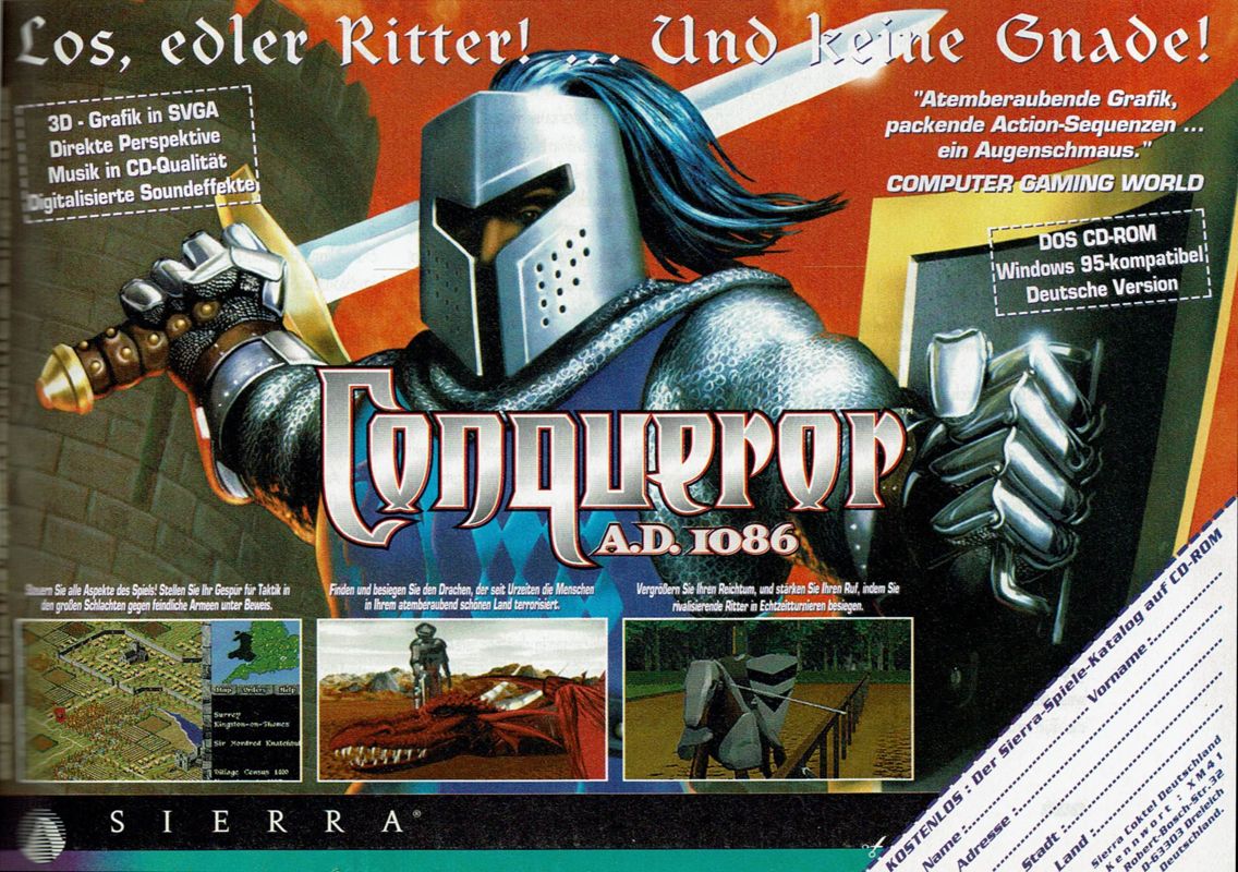 Conqueror: A.D. 1086 Magazine Advertisement (Magazine Advertisements): PC Player (Germany), Issue 01/1996