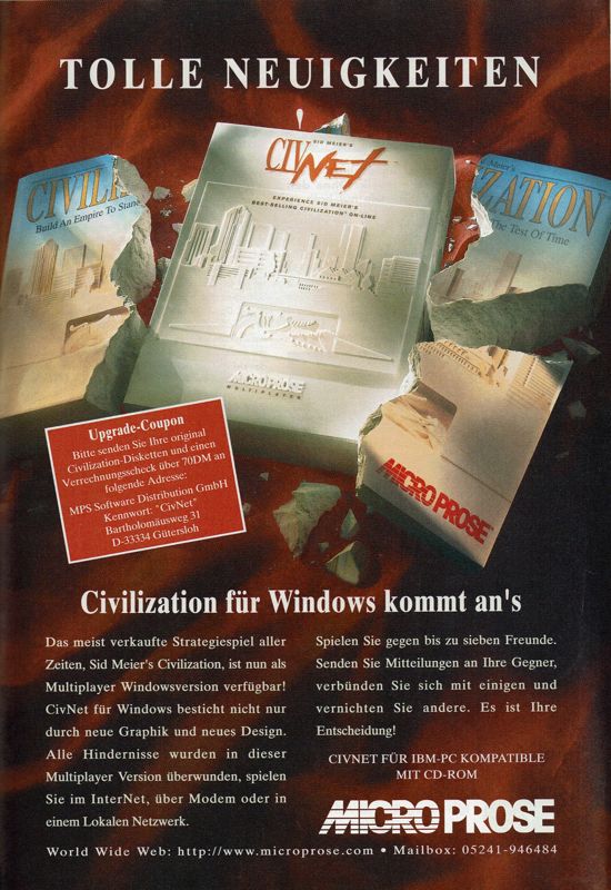 Sid Meier's CivNet Magazine Advertisement (Magazine Advertisements): PC Player (Germany), Issue 01/1996