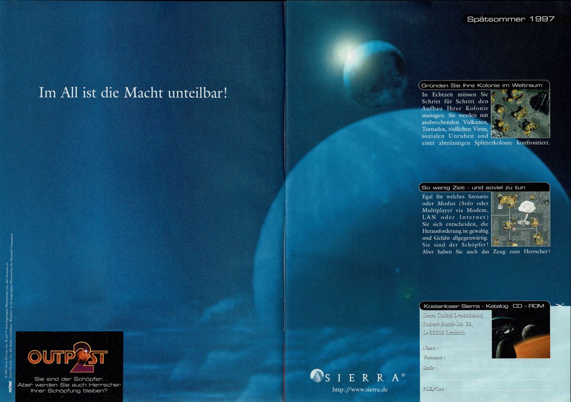 Outpost 2: Divided Destiny Magazine Advertisement (Magazine Advertisements): PC Player (Germany), Issue 09/1997