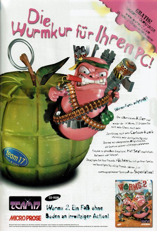 Worms 2 Magazine Advertisement (Magazine Advertisements): PC Player (Germany), Issue 12/1997