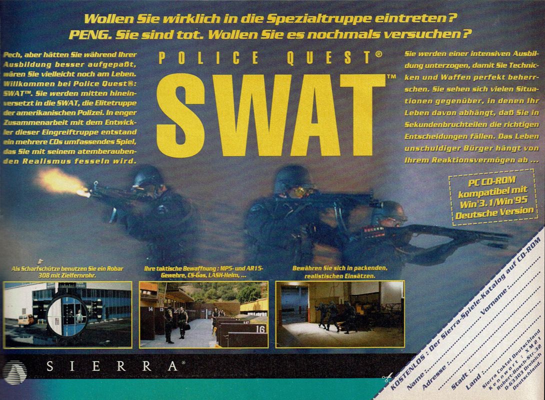 Daryl F. Gates' Police Quest: SWAT Magazine Advertisement (Magazine Advertisements): PC Player (Germany), Issue 01/1996