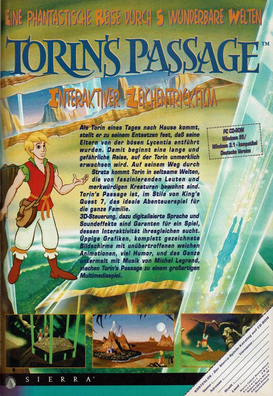 Torin's Passage Magazine Advertisement (Magazine Advertisements): PC Player (Germany), Issue 01/1996